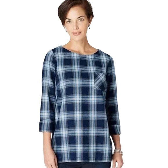 J JILL | NWOT LONG SLEEVE COTTON PLAID TOP BUTTON BACK NAVY BLUE WHITE SIZE: 1X - Picture 15 of 15